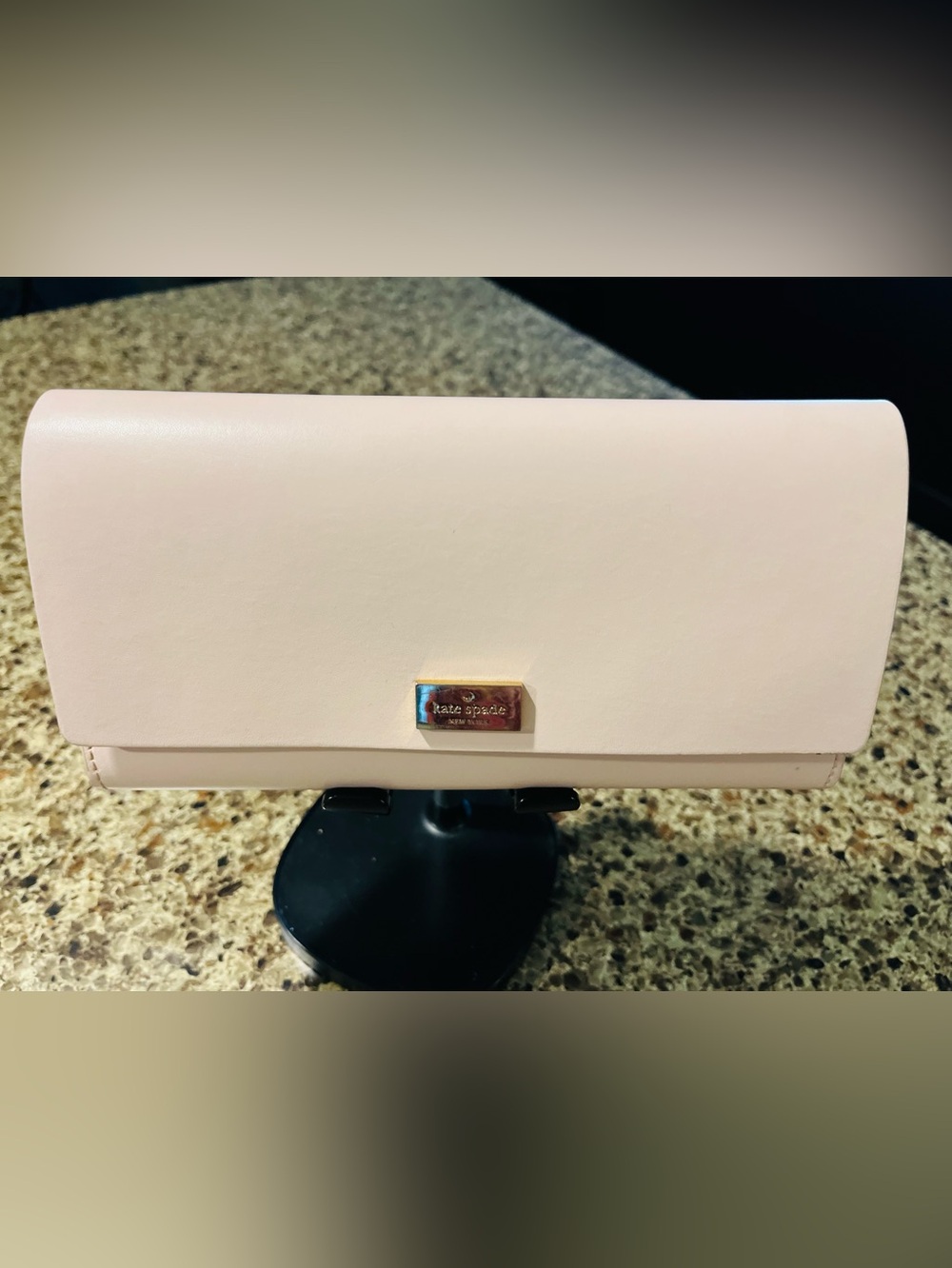 kate spade pale pink leather clutch with gold logo plaque